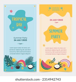 Banderas temáticas de verano. Composiciones creativas de hojas de palma y ramas de colores. Resumen de plantillas de diseño geométrico para carteles, cubiertas, fondos de pantalla con lugar para texto. vector de estilo plano