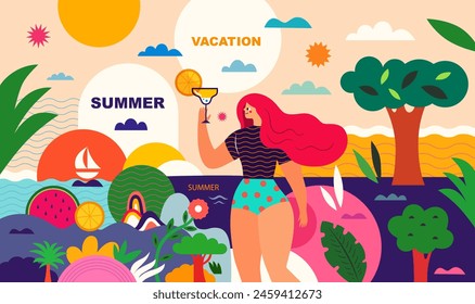 Summer themed character. Colorful summer vector banner with woman and coctail. Woman on the beach. Illustration on the theme of summer travel