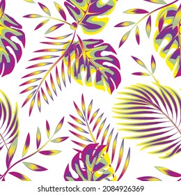 summer themed colorful with topical seamless pattern palm fern leaves and monstera plants foliage on white background. vector design. nature decorative. Exotic tropics wallpaper. fashionable texture