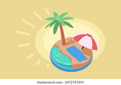 Summer themed diorama illustration. Concept of summer vacation and relaxing on the beach. Holiday, palm tree, sea, beach umbrella. 