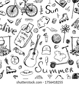 Summer themed doodle hand drawn vector seamless pattern. Monochrome background from elements of vacation, travel, summer accessories, lettering. Design for print, wrapping, fabric, wallpaper, card.