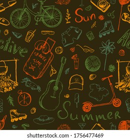 Summer themed doodle hand drawn vector seamless pattern. Bright colored background from elements of vacation, travel, summer accessories, lettering. Design for print, wrapping, fabric, wallpaper, card