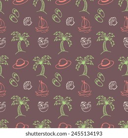 Summer themed doodle style seamless pattern with palm trees, seashells, coconuts, ships and flip flops. Vector illustration