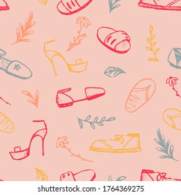 Summer themed doodles seamless pattern. Cute summer shoes, sneakers, sandals, flip flops, walks colored background. Hand drawn vector design for prints, wrapping, fabric, card, textile, decoration.
