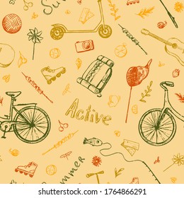 Summer themed doodles seamless pattern. Active entertainment, sports, hiking, walking, fishing colored background. Abstract hand drawn vector design for prints, wrapping, fabric, card, textile, decor.