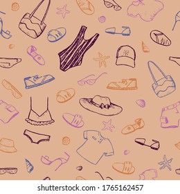 Summer themed doodles seamless pattern. Summer clothes, shoes and accessories, beach vacations, walks, shells colorful background. Hand drawn vector design for prints, wrapping, fabric, card, textile.