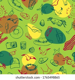 Summer themed doodles seamless pattern. Beach vacation, travel, sea animals, clothes, rest colorful background. Abstract hand drawn vector design for prints, wrapping, fabric, card, textile, decor.