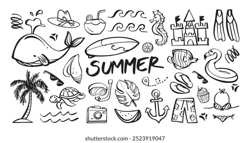 Garabatos temáticos de verano con ballenas, gafas de sol, palmeras y Elementos de playa. Vector ilustración de dibujos animados