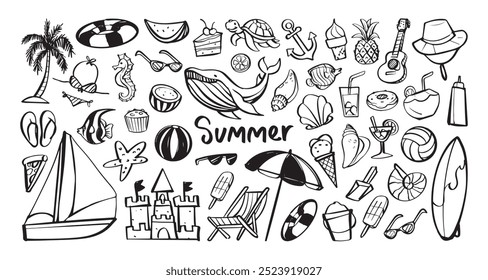 Elementos temáticos de verano con pelota de playa, velero, helado y criaturas marinas. Vector ilustración de dibujos animados