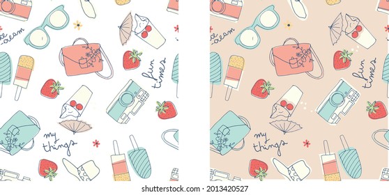 Summer themed fabric pattern. vector illustration.  Slippers, bags, cameras, drinks,