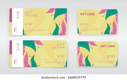 Summer themed gift voucher, regular or e-gift card templates featuring tropical leaves and a sandy background
