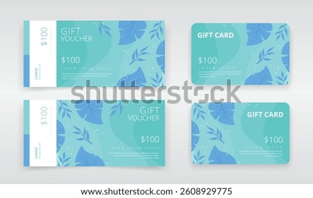 Summer themed gift voucher, regular or e-gift card templates featuring tropical leaves and a shallow water background