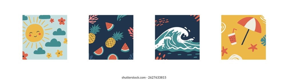 Summer themed illustrations with sun, pineapple, wave, umbrella and refreshing drink