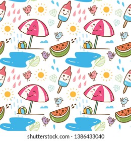 Summer themed kawaii seamless pattern, can be use for fabric printing, background etc