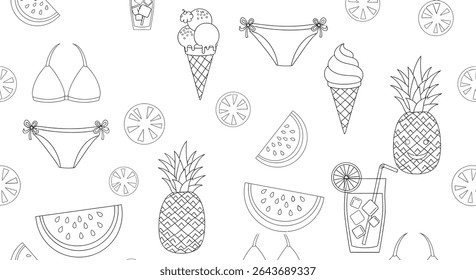 Summer themed outline pattern featuring swimwear, ice cream cones, pineapple, watermelon and orange slices, and a refreshing drink with ice.