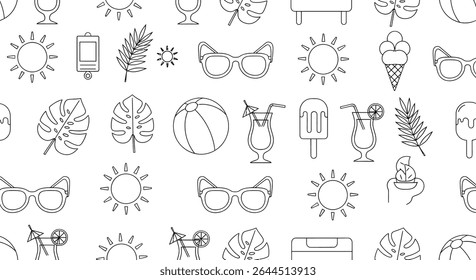 Summer themed outline pattern with sunglasses, sun, ice cream, tropical leaves, beach ball, and refreshing drinks.