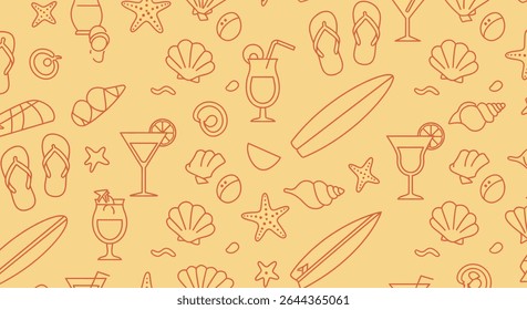 Summer themed pattern with cocktails, surfboards, seashells, starfish, flip-flops, and beach balls in orange outline.
