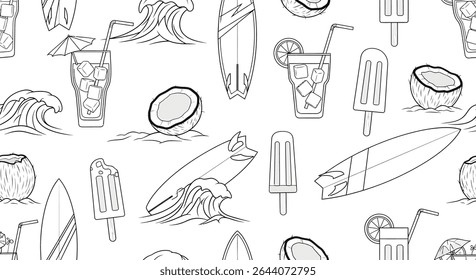A summer themed pattern featuring surfboards, waves, coconuts, popsicles, and drinks with ice and a straw, all in a black and white outline style.