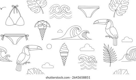 A summer themed pattern with line art illustrations of toucans, waves, ice cream cones, tropical leaves, clouds, and swimwear.