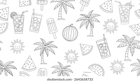 A summer themed pattern with outlines of palm trees, smiling suns, drinks with ice, watermelon slices and whole watermelons, and ice cream popsicles.
