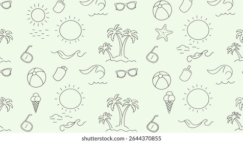 A summer themed pattern with outlines of suns, palm trees, waves, sunglasses, beach balls, sunscreen, ice cream, starfish, and diving masks.