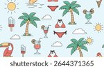 A summer themed pattern with palm trees, sun, toucan, bikini, ice cream and cocktails in a cartoon style.