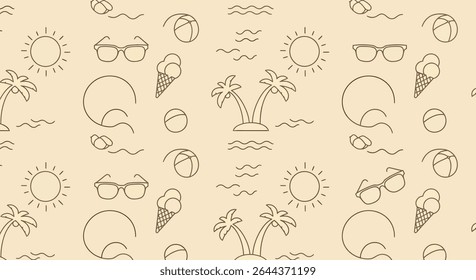 Summer themed pattern with palm trees, sunglasses, sun, ice cream, beach ball and waves in a simple line art style.