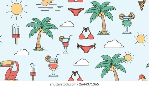 A summer themed pattern with palm trees, sun, toucan, bikini, ice cream and cocktails in a cartoon style.