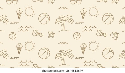 Summer themed pattern with palm trees, ice cream cones, sunglasses, sun, beach ball, seashells, and ocean waves.