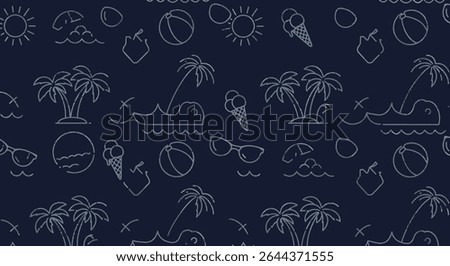 Summer themed pattern with palm trees, sun, ice cream, beach ball, coconut drink, sunglasses and waves on a dark blue background.