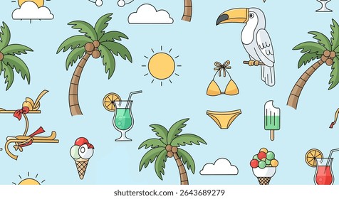 A summer themed pattern with a toucan, palm trees, cocktails, ice cream, sun, clouds, beach chair and swimwear.