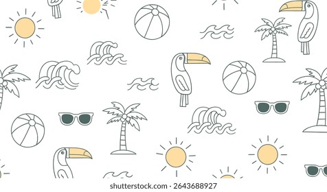 Summer themed pattern with toucans, palm trees, suns, waves, beach balls and sunglasses in a simple line art style.
