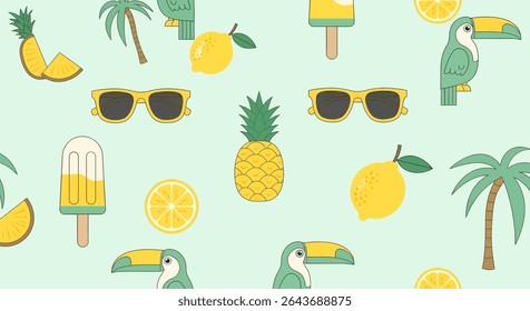 A summer themed pattern with toucans, pineapples, lemons, palm trees, sunglasses and popsicles on a light green background.