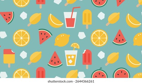 A summer themed pattern with watermelon slices, lemon wedges, popsicles and citrus drinks on a blue background.