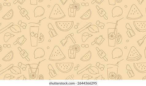 A summer themed pattern with watermelon slices, lemonade glasses, ice cream, lemon and strawberry outlines.