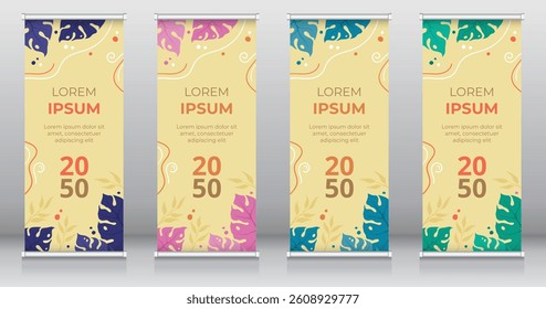Summer themed roll up or retractable banner, standee, X-banner templates featuring tropical leaves and a warm sandy background