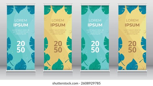 Summer themed roll up or retractable banner, standee, X-banner templates featuring tropical leaves, sand and water backgrounds