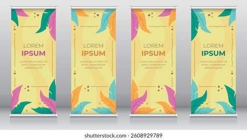 Summer themed roll up or retractable banner, standee, X-banner templates featuring tropical leaves and a sandy background