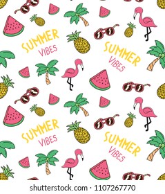 summer themed seamless background vector illustration with flamingo, watermelon, pineapple etc