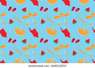 Summer themed seamless pattern with swimsuit, flip flops, hat, cocktail, watermelon, summer lettering.