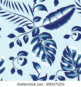 Summer themed seamless tropical pattern with bright leaves and plants on light background. Modern abstract design for fabric, paper, interior decor. Summer colorful hawaiian. Exotic tropics design