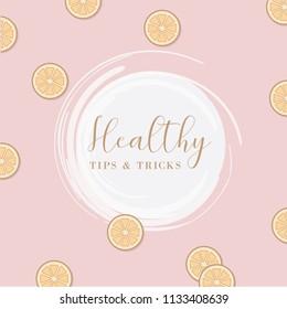 Summer themed template with lemon slices isolated on pink background and round white color splash for text