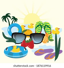 Sommerliche Vektorgrafik-Dekoration mit Sonnenglas, Früchten, Wasser, Flip Flops, Schwimmtube, Palme und Wasser. Sommerhintergrund.