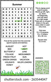 Summer Themed Zigzag Word Search Puzzle (suitable Both For Kids And Adults). Answer Included.
