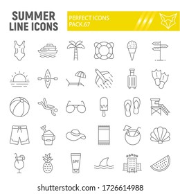 Summer thin line icon set, travel symbols collection, vector sketches, logo illustrations, beach icons, tourism signs linear pictograms package isolated on white background.