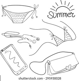 Summer, things, accessories, beach, bikini, headphones, purse, phone. Sketch.