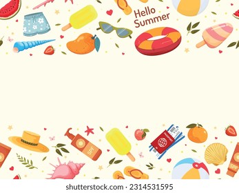 Summer things, summer items set, beach season, travel. Tropical fruits, shells, beach accessories. Vector illustration with copy space in cartoon style.