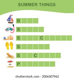 Summer Things Names Worksheet. Educational activity for preschool kids. Preschool Education. Vector illustration.
