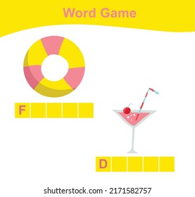 Summer Things Names Worksheet. Educational activity for preschool kids. Preschool Education. Vector illustration.