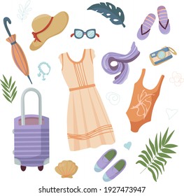 Summer Things. Set for travel and holidays. Beach collection - swimsuit, sunglasses, big summer hat, flip flops. Vector flat illustration